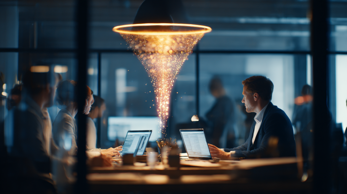 B2B-Vertriebsteam im modernen Büro mit digitalem Funnel – symbolisiert hohe Aktivität, aber fehlende Leads