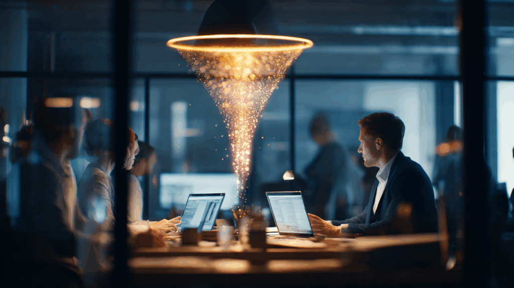 B2B-Vertriebsteam im modernen Büro mit digitalem Funnel – symbolisiert hohe Aktivität, aber fehlende Leads