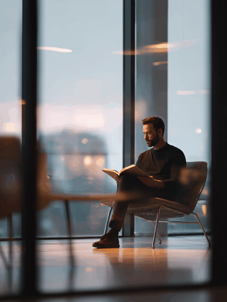 Fokussierte Führungskraft sitzt allein in modernem Büro und reflektiert mit offenem Workbook über strategische Entscheidungen