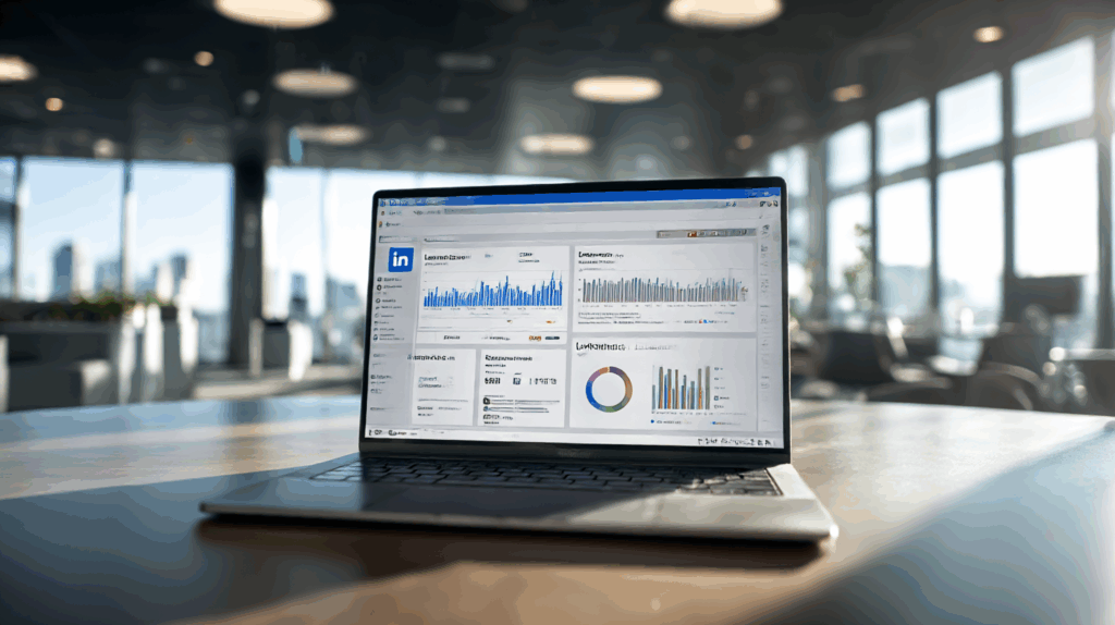 Laptop mit LinkedIn- und Google Ads-Dashboards – Tools für B2B-Leadgenerierung
