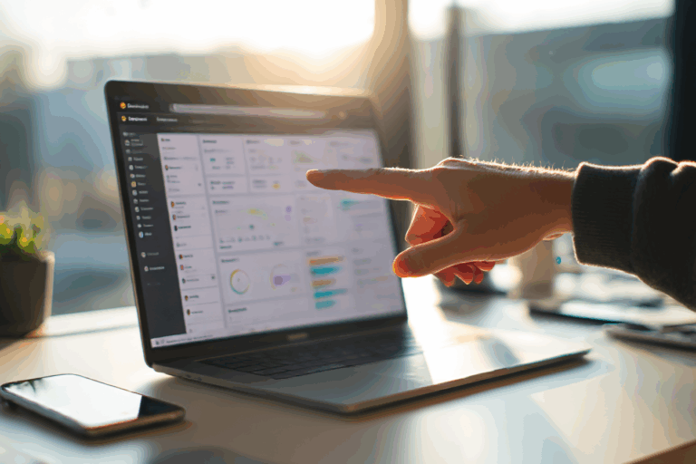 Person zeigt auf CRM-Dashboard mit Funnel-Daten auf einem Laptop – Darstellung für KPI-basierte Sales Funnel Steuerung im KMU