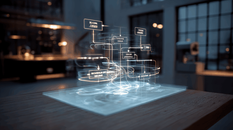 Abstraktes Prozessdiagramm mit Automationsflüssen, E-Mail-Triggern und CRM-Integrationen – symbolisiert einen vollständig strukturierten Funnel auf digitaler Ebene