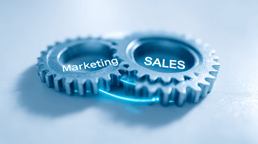 Verzahnte Zahnräder mit den Beschriftungen Marketing und Sales – Symbol für integrierte Vertriebsprozesse