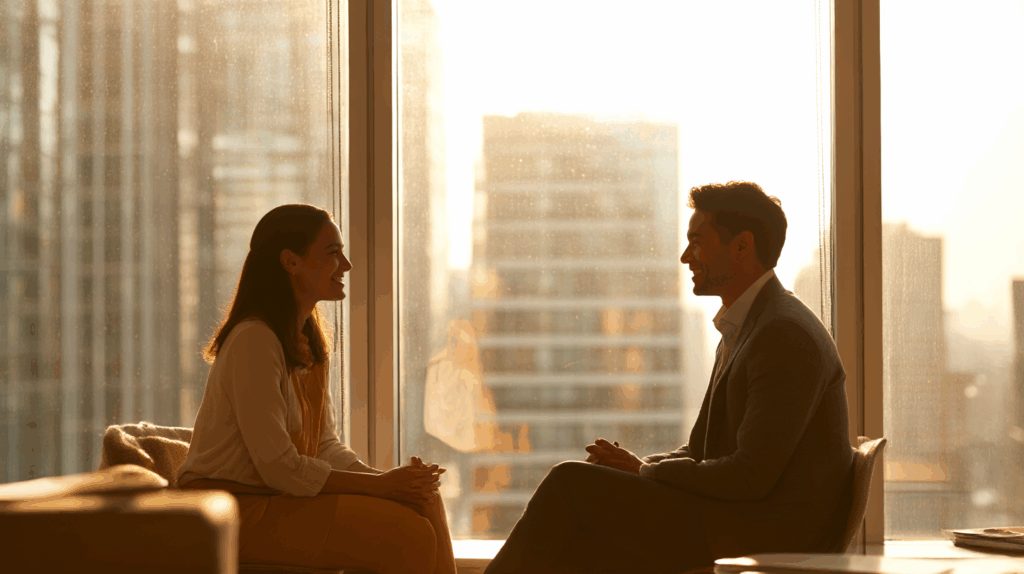 Zwei Geschäftspartner im Gespräch – symbolisiert Vertrauen im B2B-Vertrieb